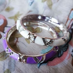 Silver Tone Purple and White Enameled Rhinestone Set of Clamper Bangle Bracelets